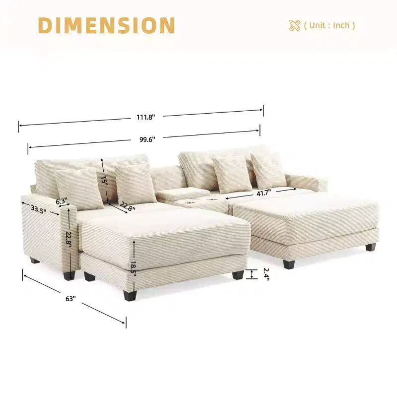 Canapé d'angle en velours côtelé Hyleory 112 po avec deux poufs et table basse de rangement pour le salon