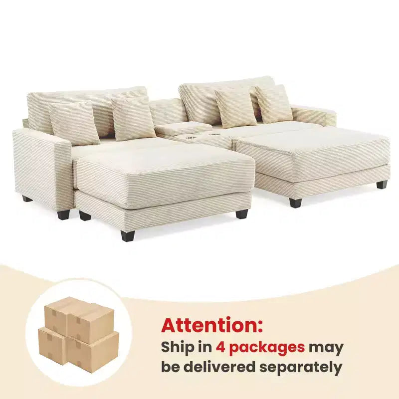 Canapé d'angle en velours côtelé Hyleory 112 po avec deux poufs et table basse de rangement pour le salon