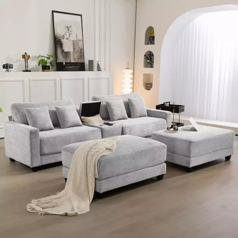 Canapé d'angle en velours côtelé Hyleory 112 po avec deux poufs et table basse de rangement pour le salon