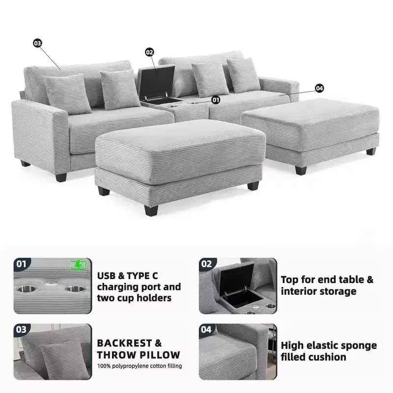 Canapé d'angle en velours côtelé Hyleory 112 po avec deux poufs et table basse de rangement pour le salon