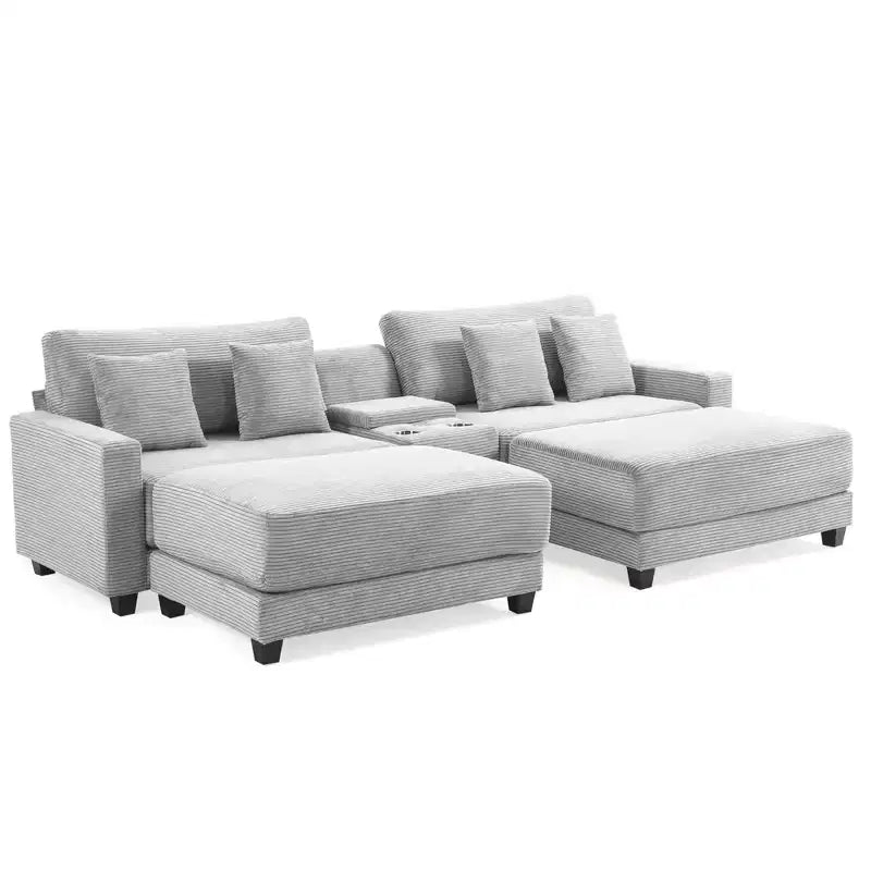 Canapé d'angle en velours côtelé Hyleory 112 po avec deux poufs et table basse de rangement pour le salon