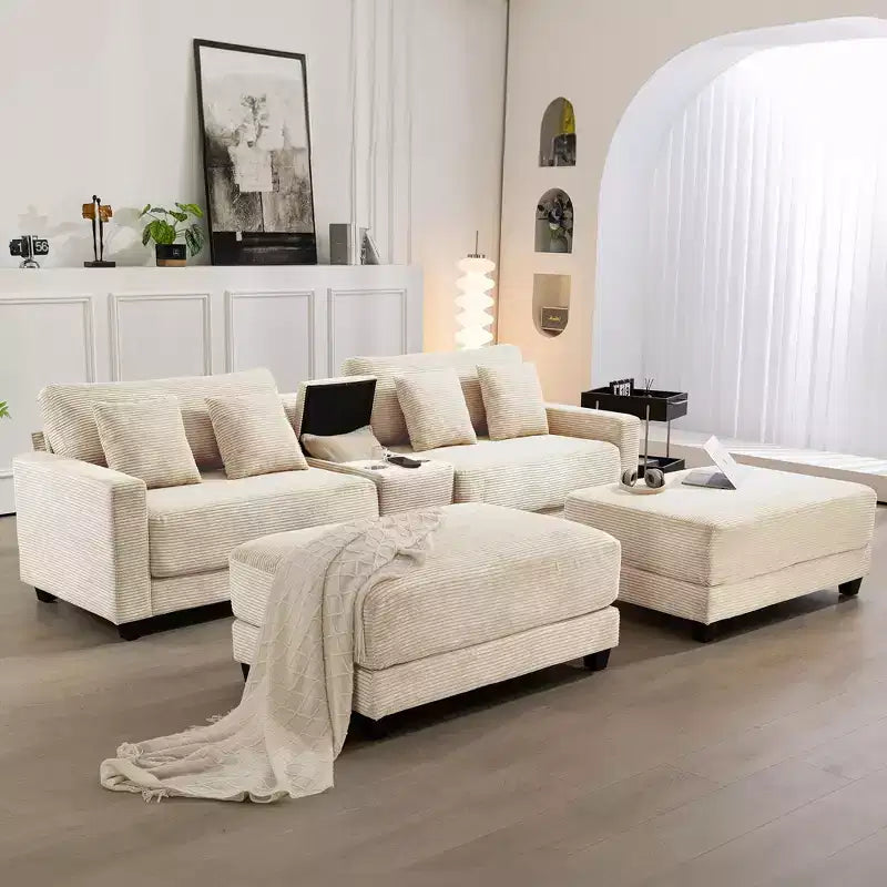 Canapé d'angle en velours côtelé Hyleory 112 po avec deux poufs et table basse de rangement pour le salon