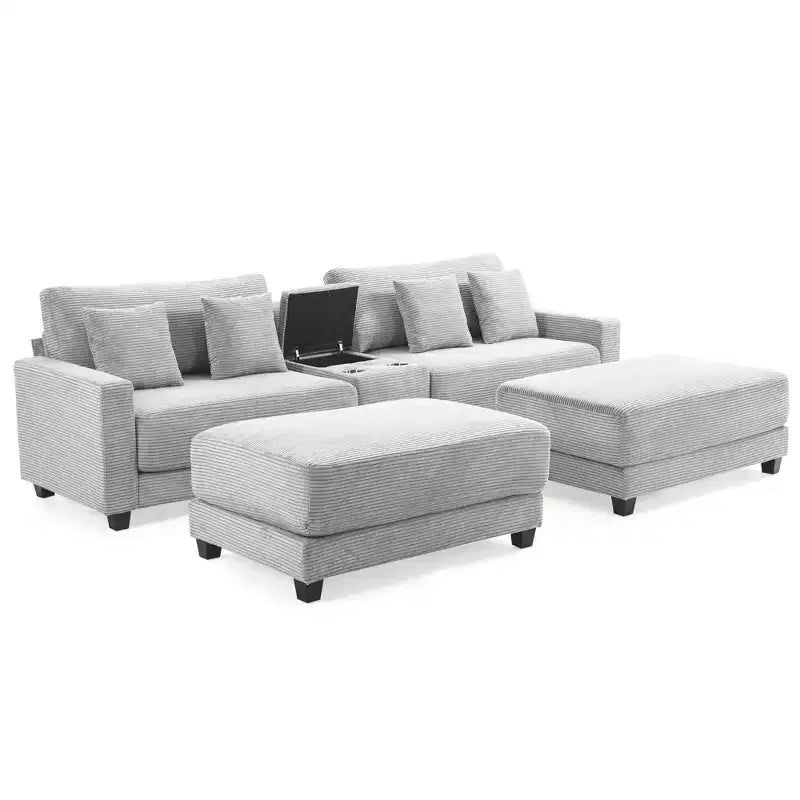 Canapé d'angle en velours côtelé Hyleory 112 po avec deux poufs et table basse de rangement pour le salon
