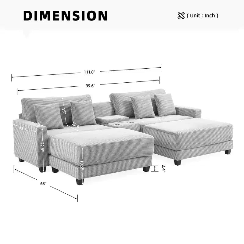Canapé d'angle en velours côtelé Hyleory 112 po avec deux poufs et table basse de rangement pour le salon