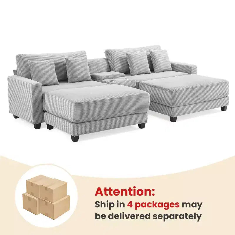 Canapé d'angle en velours côtelé Hyleory 112 po avec deux poufs et table basse de rangement pour le salon