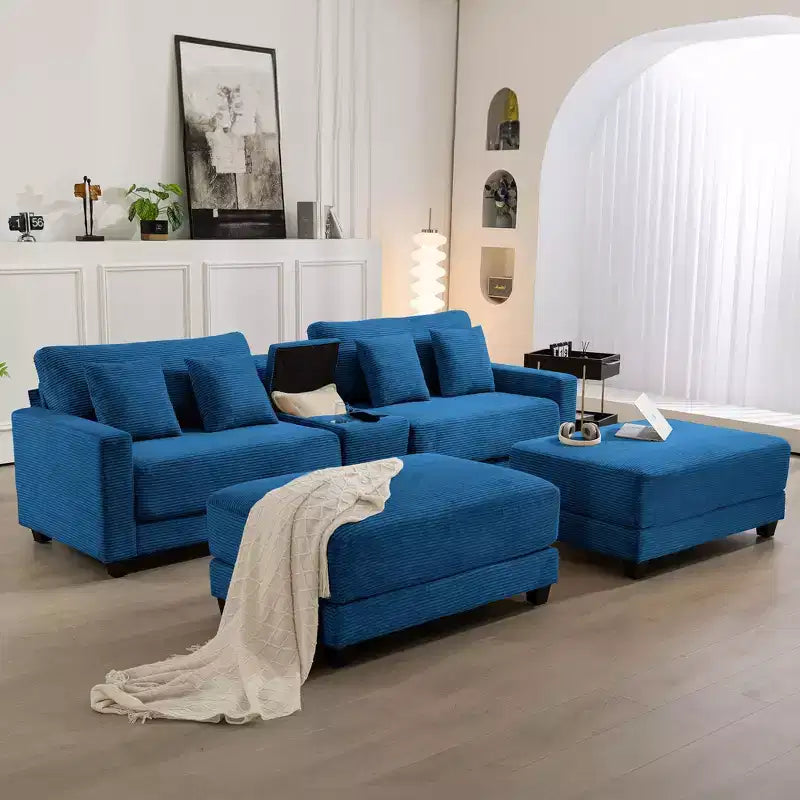 Canapé d'angle en velours côtelé Hyleory 112 po avec deux poufs et table basse de rangement pour le salon