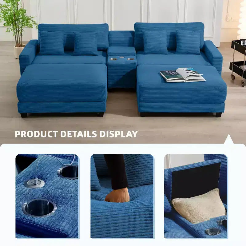 Canapé d'angle en velours côtelé Hyleory 112 po avec deux poufs et table basse de rangement pour le salon
