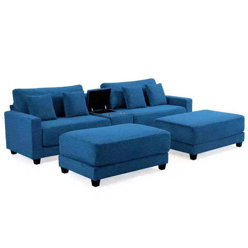 Canapé d'angle en velours côtelé Hyleory 112 po avec deux poufs et table basse de rangement pour le salon
