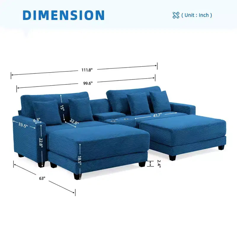 Canapé d'angle en velours côtelé Hyleory 112 po avec deux poufs et table basse de rangement pour le salon