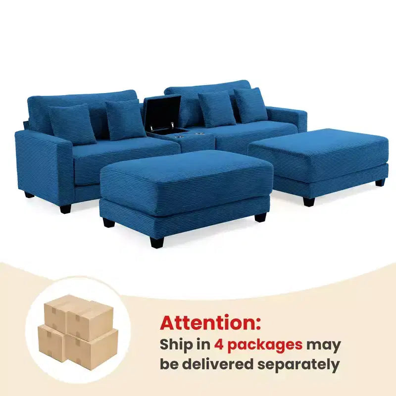 Canapé d'angle en velours côtelé Hyleory 112 po avec deux poufs et table basse de rangement pour le salon
