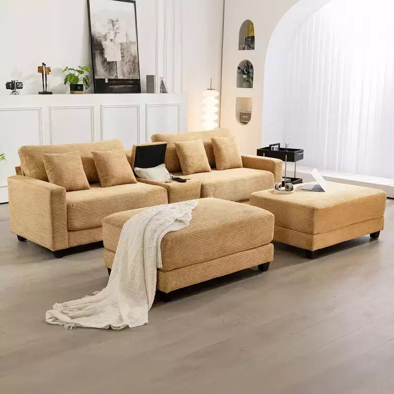 Canapé d'angle en velours côtelé Hyleory 112 po avec deux poufs et table basse de rangement pour le salon
