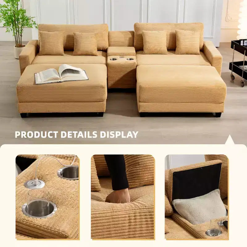 Canapé d'angle en velours côtelé Hyleory 112 po avec deux poufs et table basse de rangement pour le salon