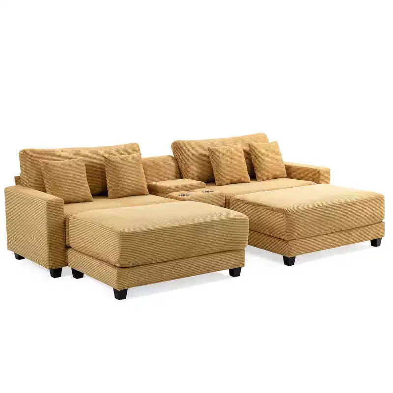 Canapé d'angle en velours côtelé Hyleory 112 po avec deux poufs et table basse de rangement pour le salon