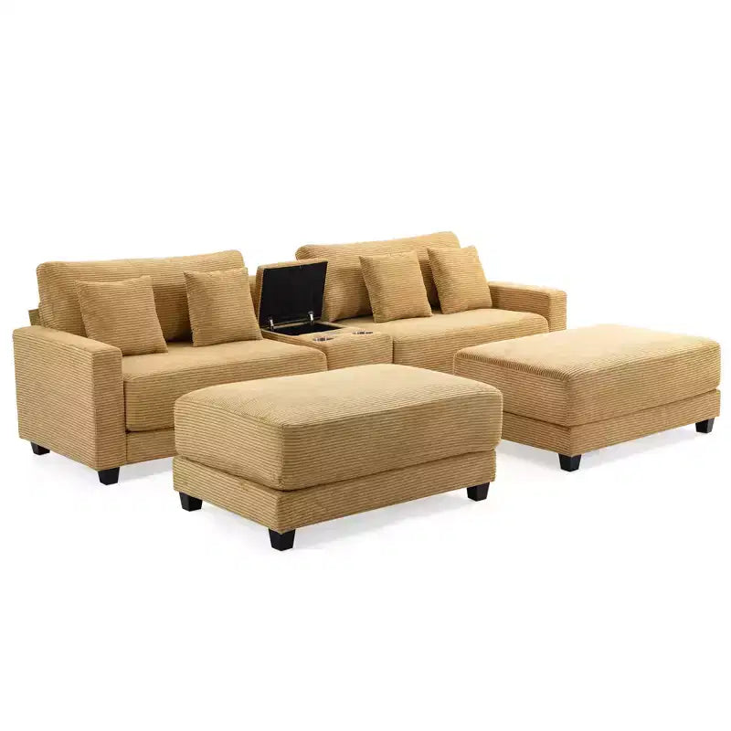 Canapé d'angle en velours côtelé Hyleory 112 po avec deux poufs et table basse de rangement pour le salon