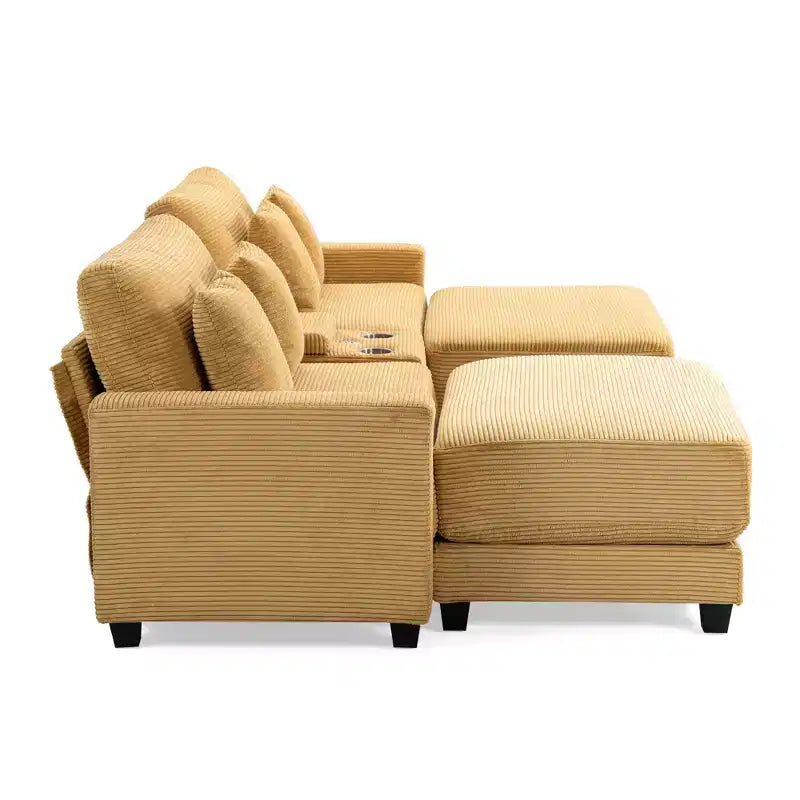 Canapé d'angle en velours côtelé Hyleory 112 po avec deux poufs et table basse de rangement pour le salon