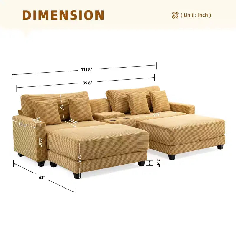 Canapé d'angle en velours côtelé Hyleory 112 po avec deux poufs et table basse de rangement pour le salon