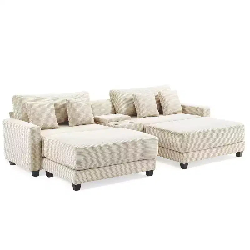 Canapé d'angle en velours côtelé Hyleory 112 po avec deux poufs et table basse de rangement pour le salon