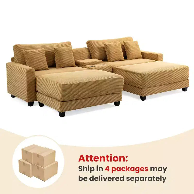 Canapé d'angle en velours côtelé Hyleory 112 po avec deux poufs et table basse de rangement pour le salon