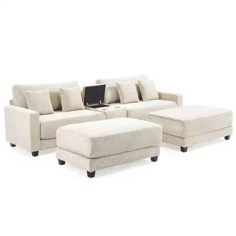 Canapé d'angle en velours côtelé Hyleory 112 po avec deux poufs et table basse de rangement pour le salon