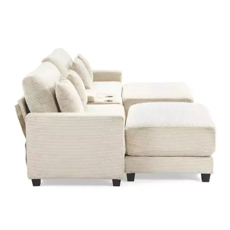Canapé d'angle en velours côtelé Hyleory 112 po avec deux poufs et table basse de rangement pour le salon