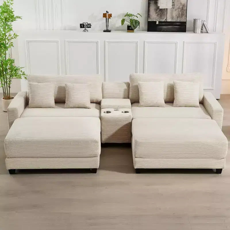 Canapé d'angle en velours côtelé Hyleory 112 po avec deux poufs et table basse de rangement pour le salon