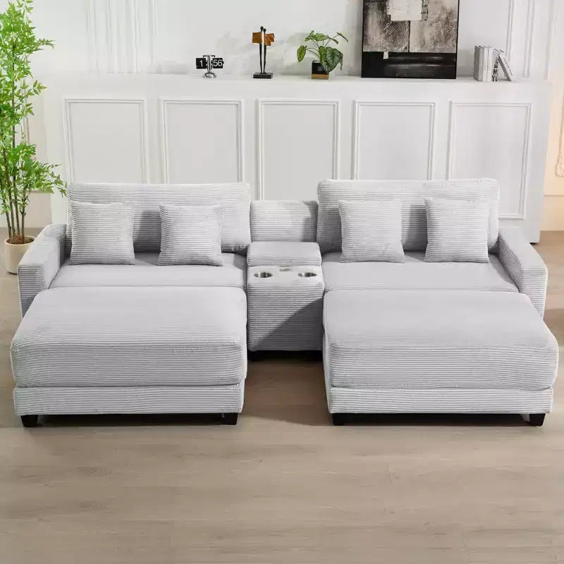 Canapé d'angle en velours côtelé Hyleory 112 po avec deux poufs et table basse de rangement pour le salon