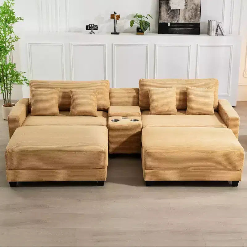 Canapé d'angle en velours côtelé Hyleory 112 po avec deux poufs et table basse de rangement pour le salon
