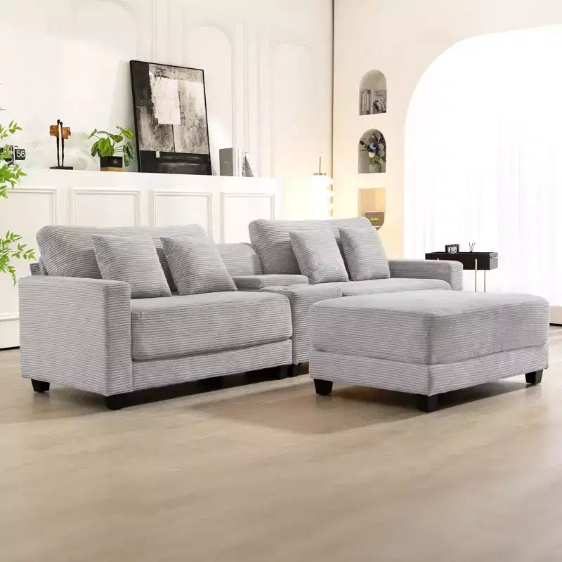 Hyleory Canapé d'angle en velours côtelé 3 places de 284 cm avec pouf pour salon