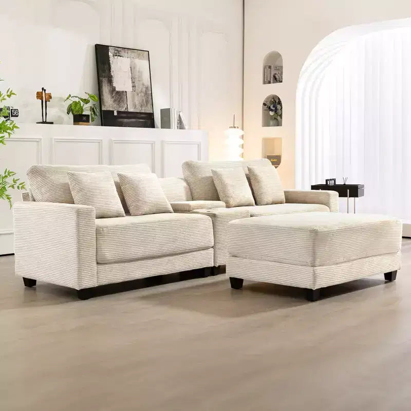 Hyleory Canapé d'angle en velours côtelé 3 places de 284 cm avec pouf pour salon