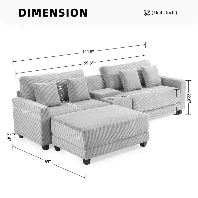 Hyleory Canapé d'angle en velours côtelé 3 places de 284 cm avec pouf pour salon
