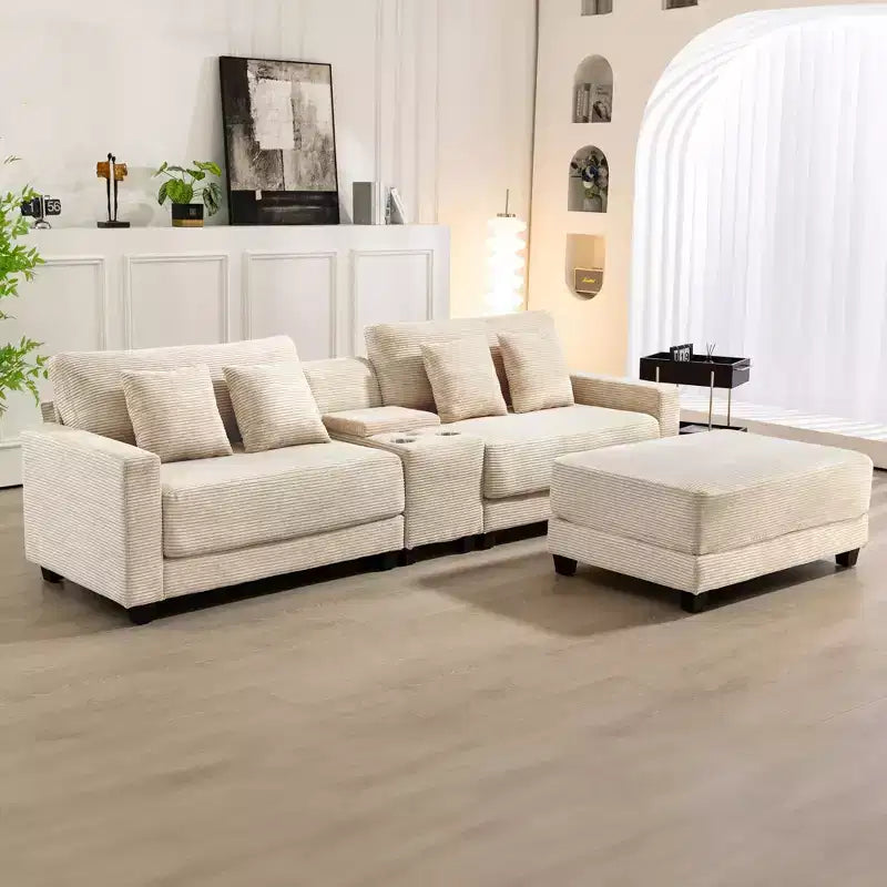 Hyleory Canapé d'angle en velours côtelé 3 places de 284 cm avec pouf pour salon