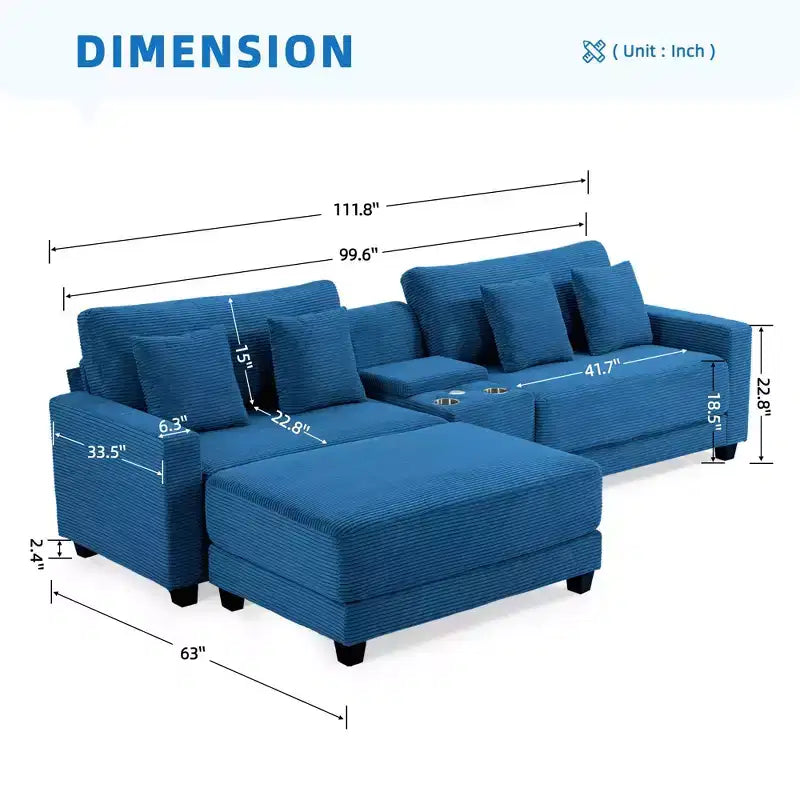 Hyleory Canapé d'angle en velours côtelé 3 places de 284 cm avec pouf pour salon