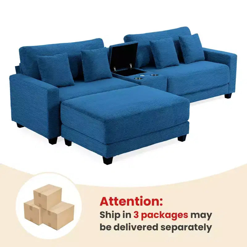 Hyleory Canapé d'angle en velours côtelé 3 places de 284 cm avec pouf pour salon
