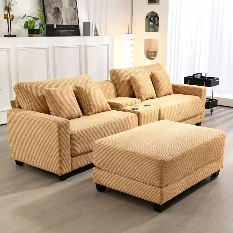 Hyleory Canapé d'angle en velours côtelé 3 places de 284 cm avec pouf pour salon