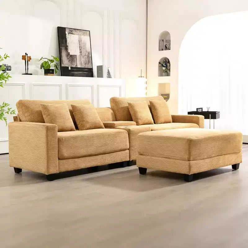 Hyleory Canapé d'angle en velours côtelé 3 places de 284 cm avec pouf pour salon
