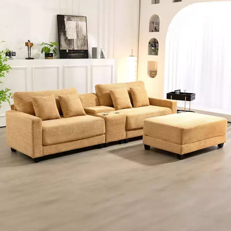 Hyleory Canapé d'angle en velours côtelé 3 places de 284 cm avec pouf pour salon
