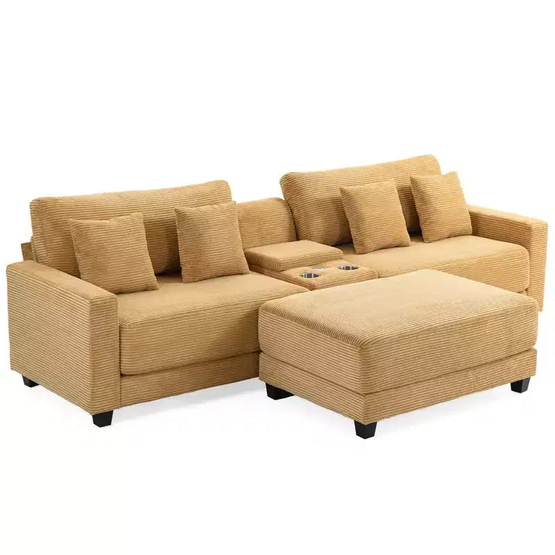 Hyleory Canapé d'angle en velours côtelé 3 places de 284 cm avec pouf pour salon