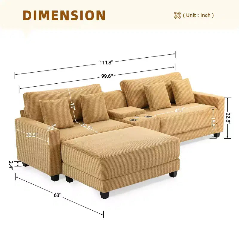 Hyleory Canapé d'angle en velours côtelé 3 places de 284 cm avec pouf pour salon