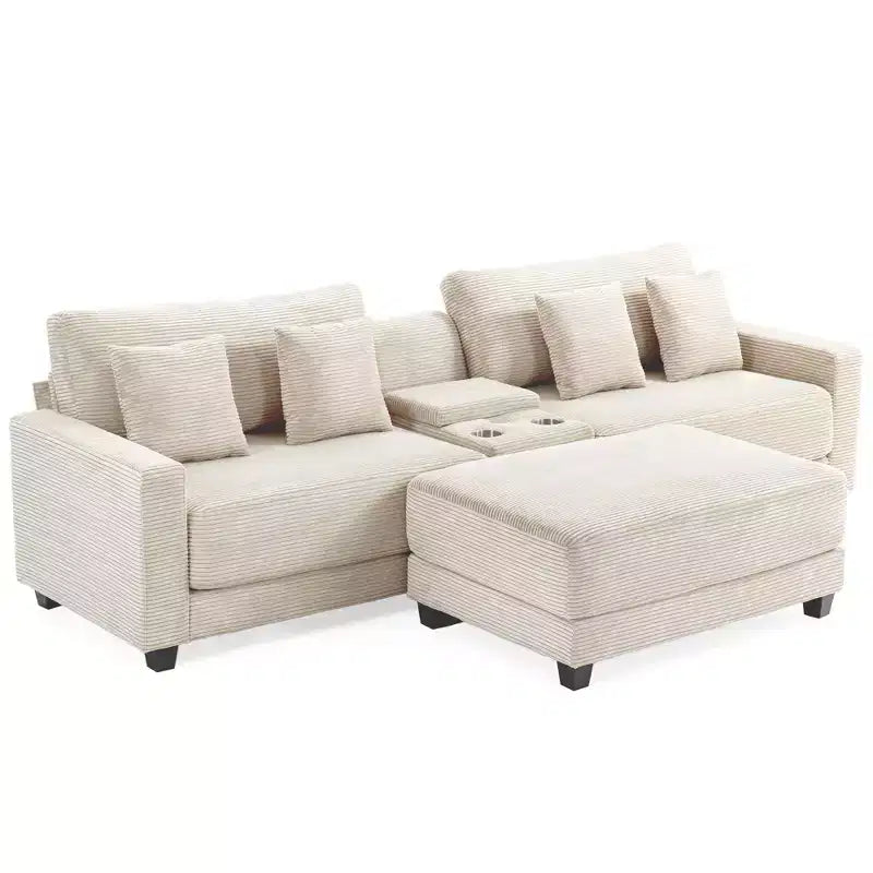 Hyleory Canapé d'angle en velours côtelé 3 places de 284 cm avec pouf pour salon