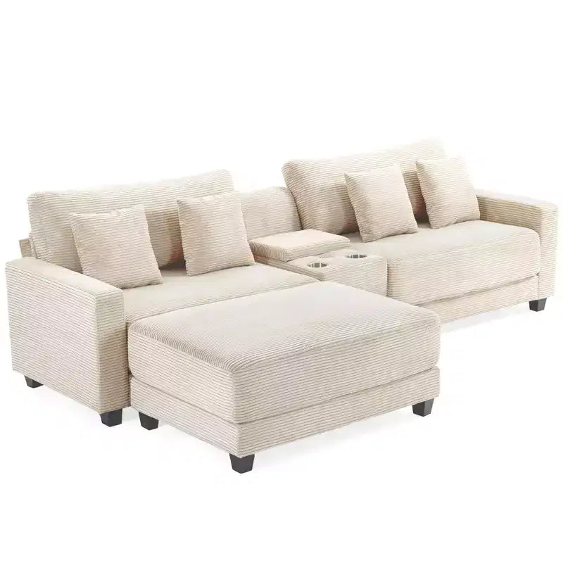 Hyleory Canapé d'angle en velours côtelé 3 places de 284 cm avec pouf pour salon