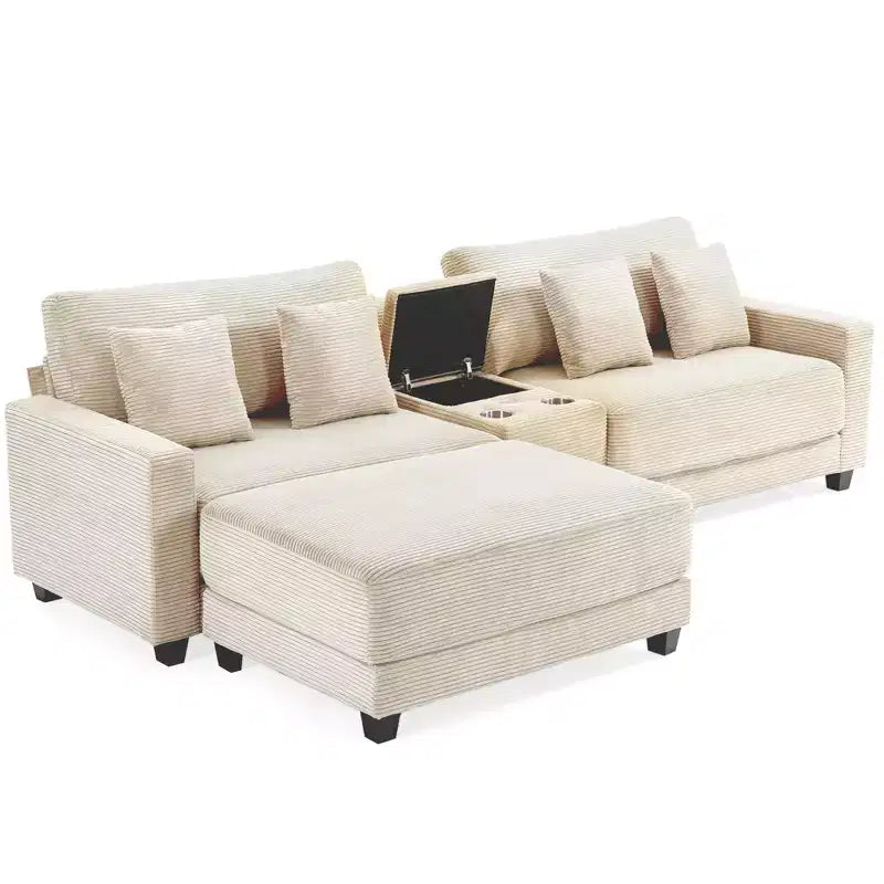Hyleory Canapé d'angle en velours côtelé 3 places de 284 cm avec pouf pour salon