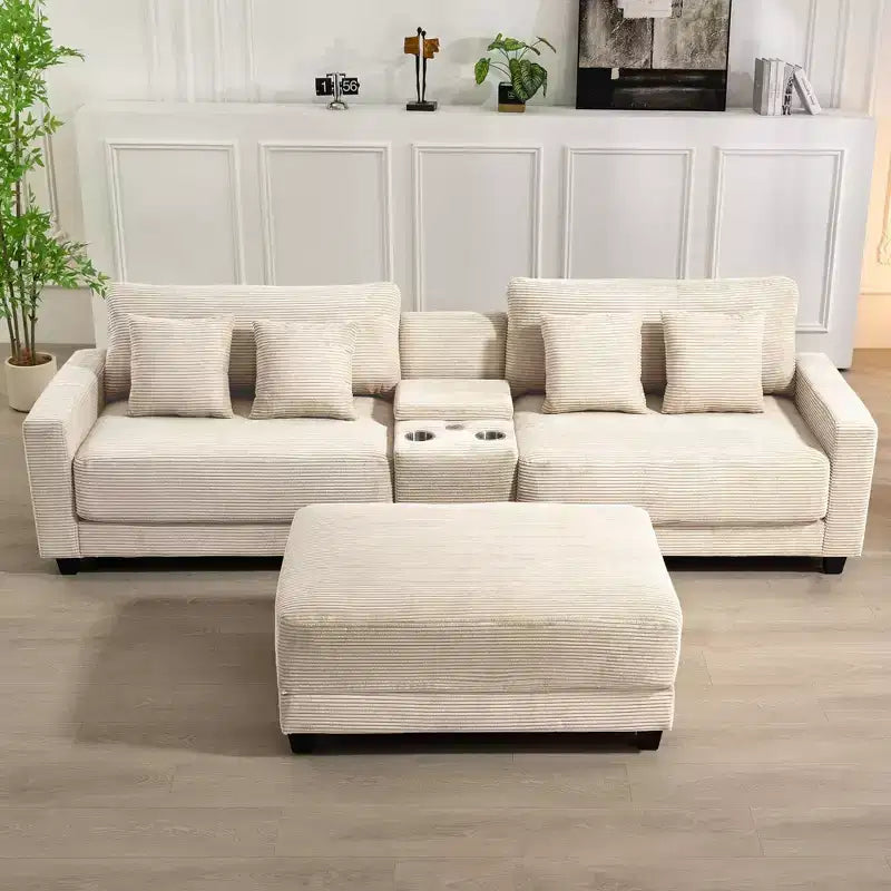 Hyleory Canapé d'angle en velours côtelé 3 places de 284 cm avec pouf pour salon