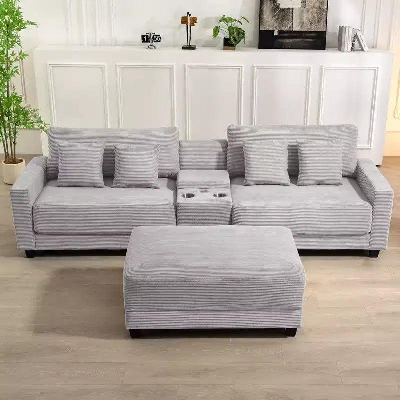 Hyleory Canapé d'angle en velours côtelé 3 places de 284 cm avec pouf pour salon