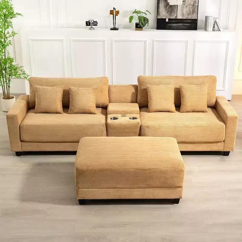 Hyleory Canapé d'angle en velours côtelé 3 places de 284 cm avec pouf pour salon