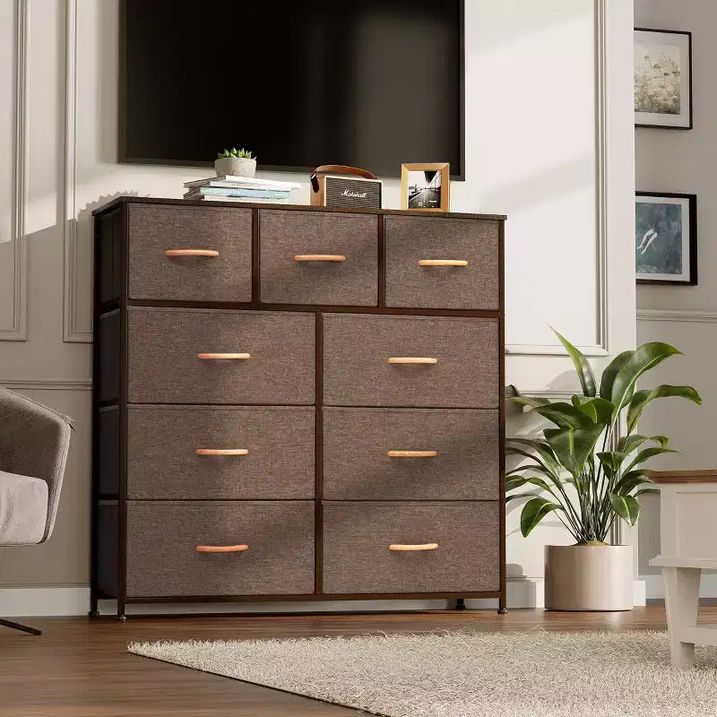 Crestlive Products Commode à 9 tiroirs en tissu extra large pour chambre à coucher, tour de rangement de vêtements avec cadre en acier robuste, plateau en bois, tiroirs faciles à tirer, poignées en bois