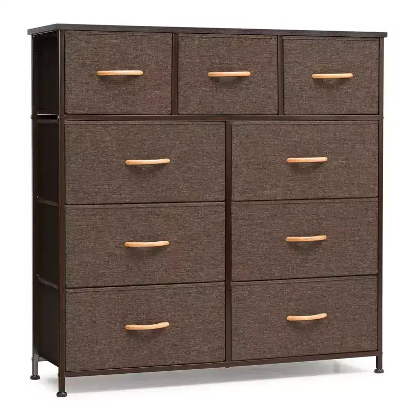 Crestlive Products Commode à 9 tiroirs en tissu extra large pour chambre à coucher, tour de rangement de vêtements avec cadre en acier robuste, plateau en bois, tiroirs faciles à tirer, poignées en bois