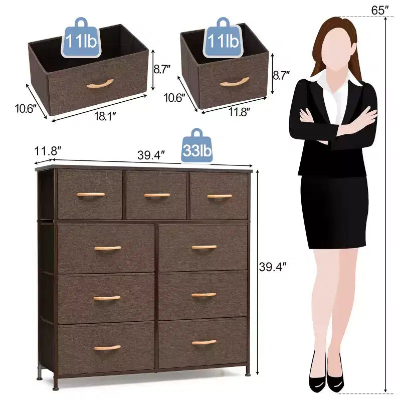 Crestlive Products Commode à 9 tiroirs en tissu extra large pour chambre à coucher, tour de rangement de vêtements avec cadre en acier robuste, plateau en bois, tiroirs faciles à tirer, poignées en bois