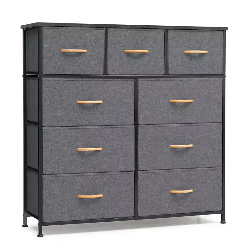 Crestlive Products Commode à 9 tiroirs en tissu extra large pour chambre à coucher, tour de rangement de vêtements avec cadre en acier robuste, plateau en bois, tiroirs faciles à tirer, poignées en bois