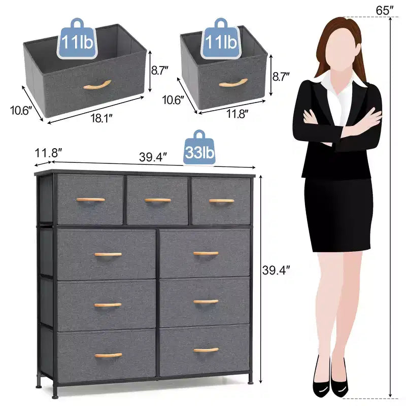 Crestlive Products Commode à 9 tiroirs en tissu extra large pour chambre à coucher, tour de rangement de vêtements avec cadre en acier robuste, plateau en bois, tiroirs faciles à tirer, poignées en bois