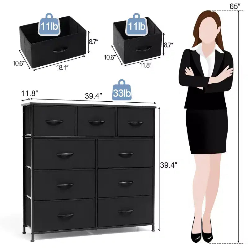 Crestlive Products Commode à 9 tiroirs en tissu extra large pour chambre à coucher, tour de rangement de vêtements avec cadre en acier robuste, plateau en bois, tiroirs faciles à tirer, poignées en bois